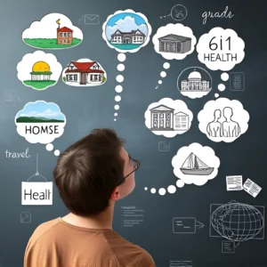 An image of a person looking at a vision board, or thinking with images of houses, travel, health, etc