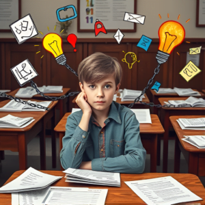 student sitting in classroom. chains in lightbulbs to illustrate punishing creatitivy.