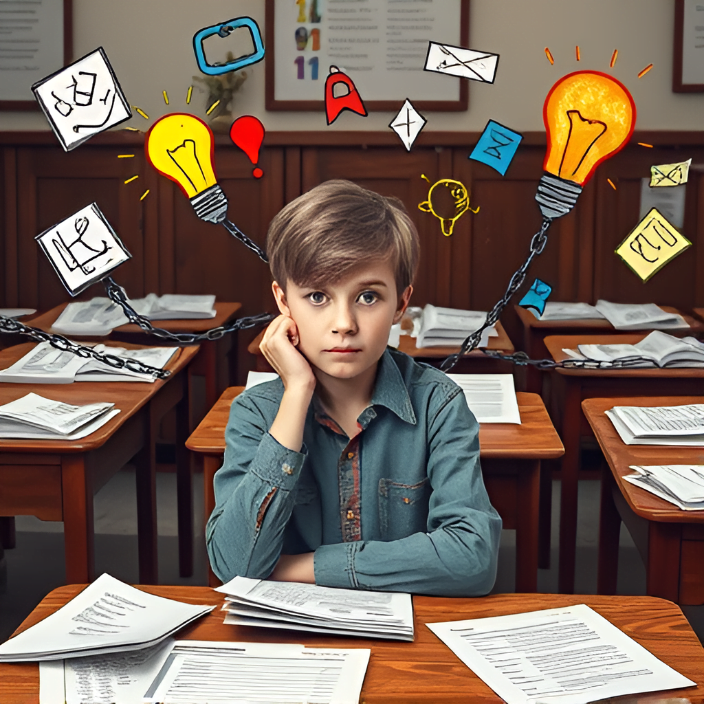 student sitting in classroom. chains in lightbulbs to illustrate punishing creatitivy.