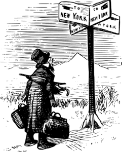 Drawing: a man looking at road signs. New York is written on 3 of the 4 signs.