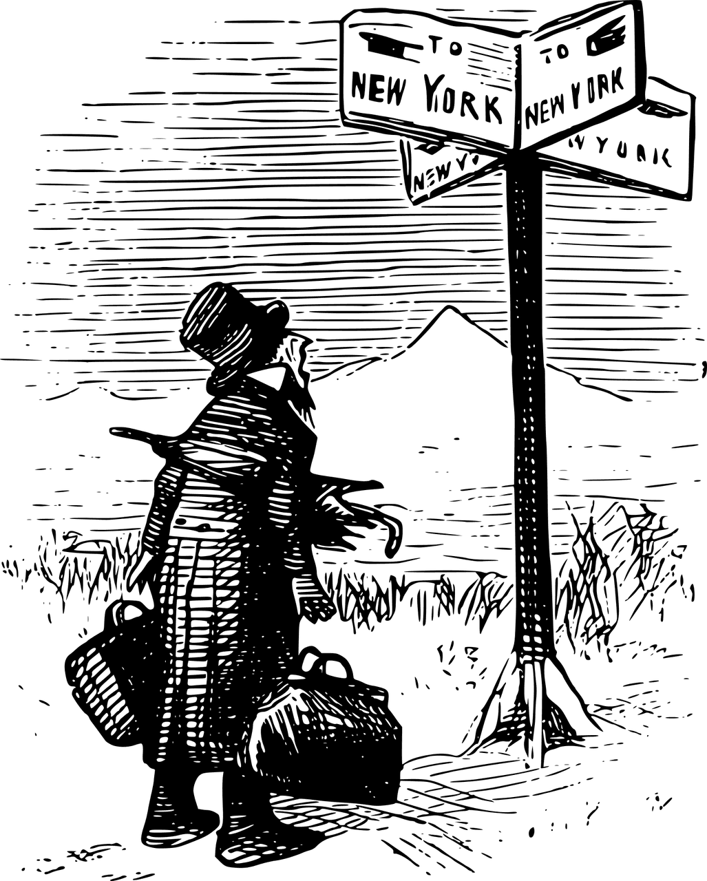 Drawing: a man looking at road signs. New York is written on 3 of the 4 signs.