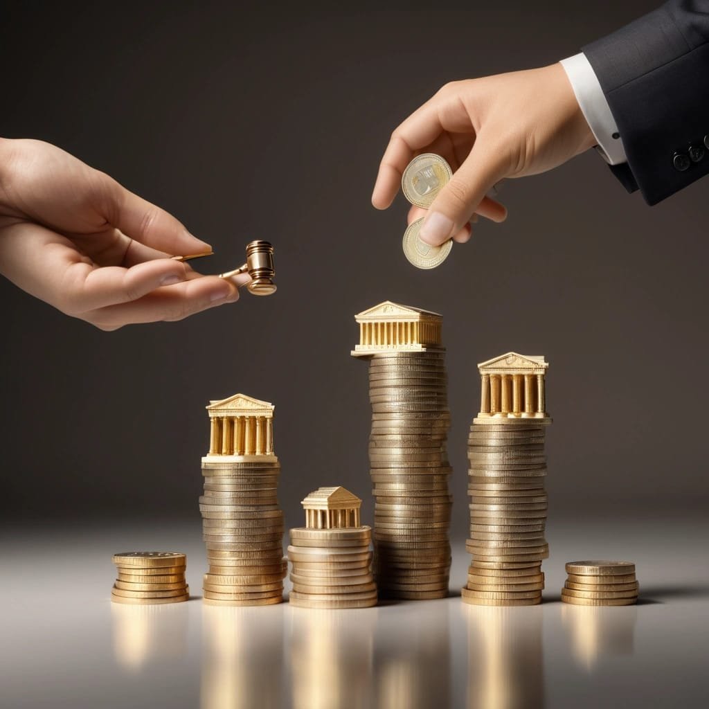 Two hands: one holding gold coins and the other holding a gavel