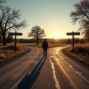 A solitary traveler stands at a rural crossroads bathed in golden sunset light, contemplating which path to choose.
