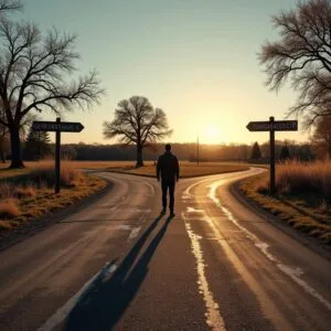 A solitary traveler stands at a rural crossroads bathed in golden sunset light, contemplating which path to choose.