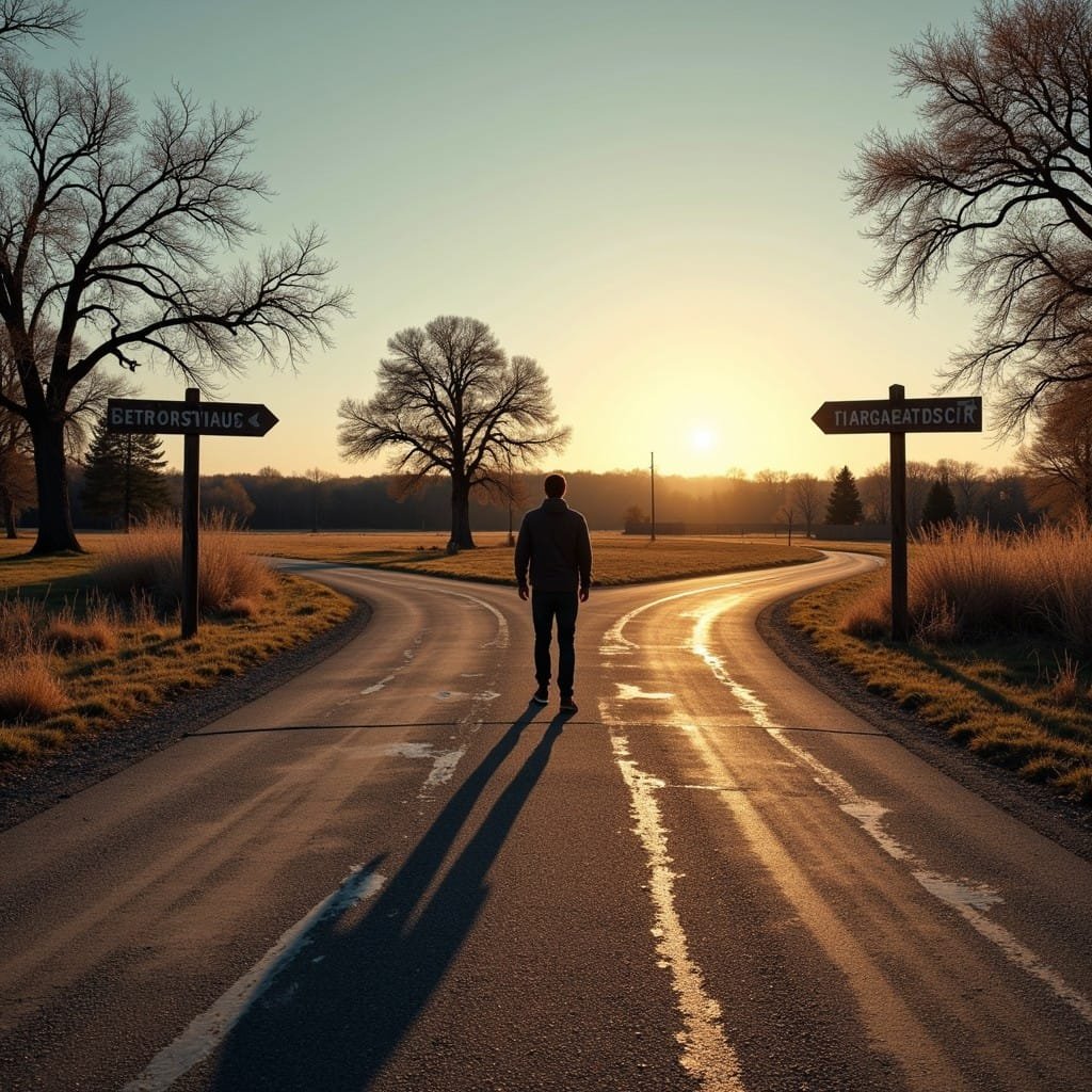 A solitary traveler stands at a rural crossroads bathed in golden sunset light, contemplating which path to choose.