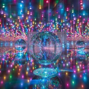A dazzling display of colorful lights reflected through crystal spheres in a magical mirror room.