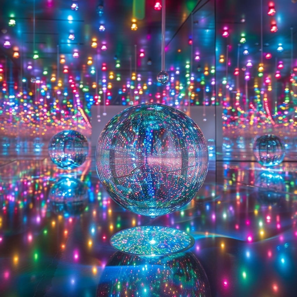 The Great Disconnect: Why Your Perception Isn't Your Reality 3 A dazzling display of colorful lights reflected through crystal spheres in a magical mirror room.