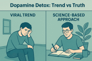 Split image showing a person sitting in empty room looking miserable and a person writing