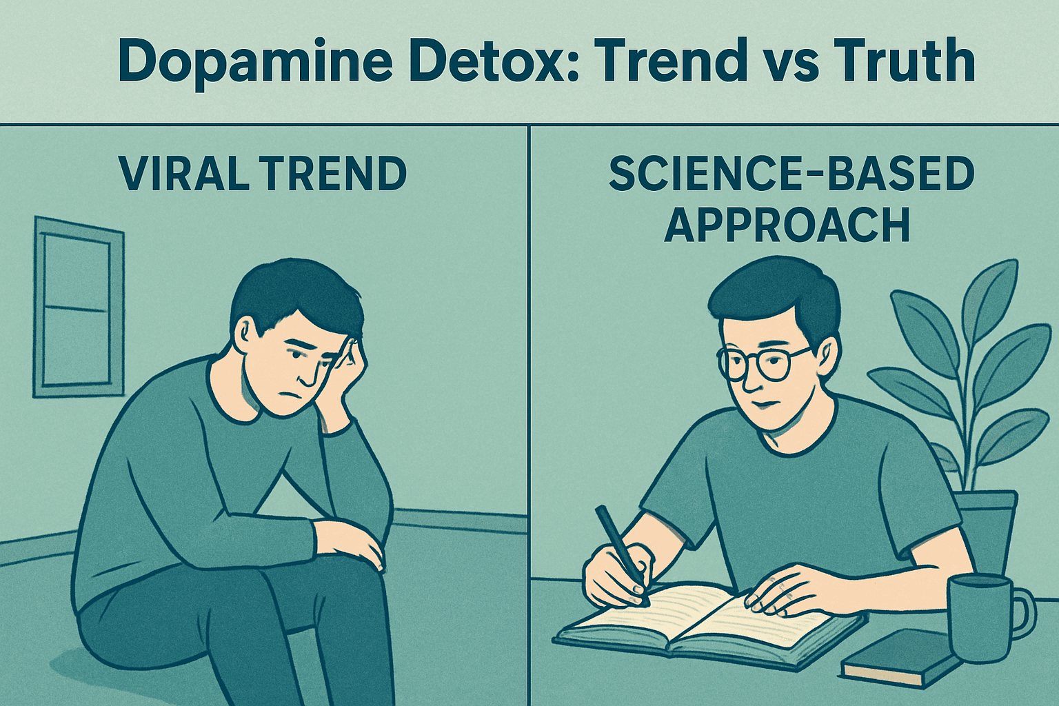 Split image showing a person sitting in empty room looking miserable and a person writing