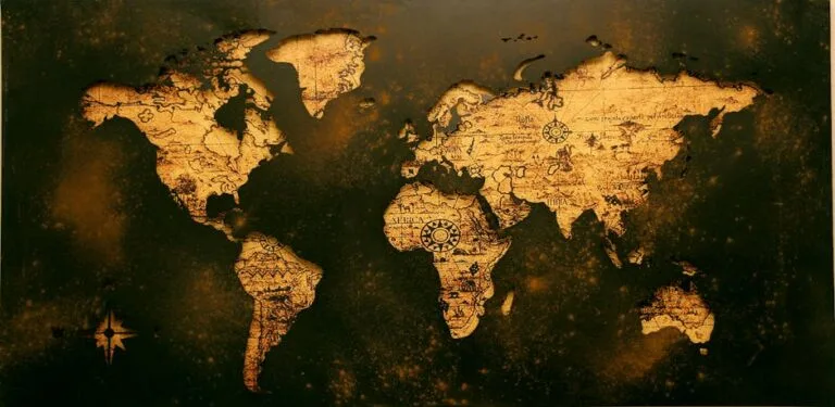 A detailed vintage map showcasing global geography with an old paper texture. neo-colonialism, francafrique, colonial currency, African independence, consciousness, CFA Franc, currency control